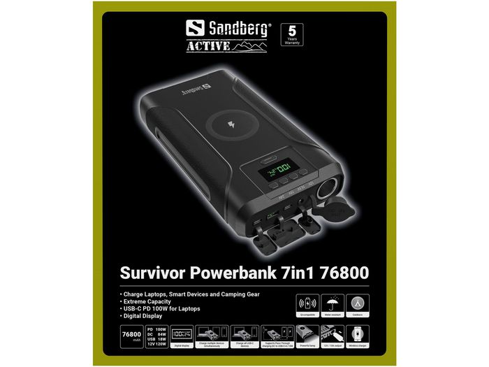 Sandberg Survivor Powerbank 7en1 76800 mAh – Batterie Externe USB-C PD 100W pour Ordinateur Portable, Smartphones, Charge Sans Fil et Équipements de Camping