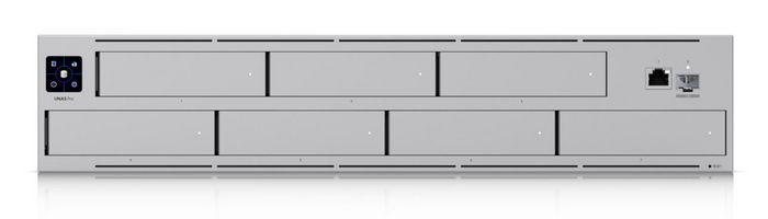 Ubiquiti UNiFi NAS 2U - Serveur de stockage réseau avec processeur Quad-Core ARM Cortex-A57 à 1.7 GHz, 8 Go de RAM, 7 baies 2.5/3.5", ports 10G SFP+ et GbE RJ45, écran tactile 1.3"