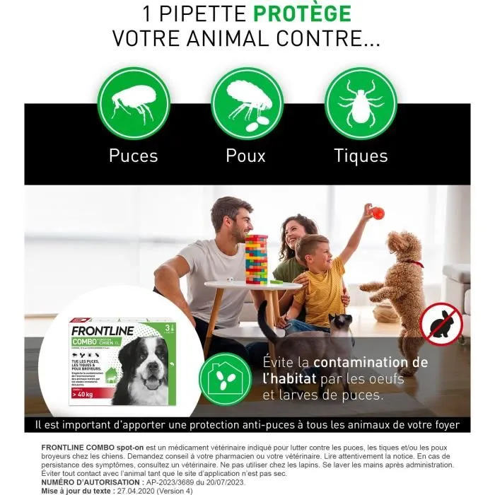 Frontline Combo Anti-Puces et Anti-Tiques pour Chien XL 40-60 kg - Traitement Préventif et Destruction des Larves - Lot de 3 Pipettes
