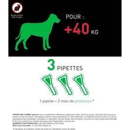 Frontline Combo Anti-Puces et Anti-Tiques pour Chien XL 40-60 kg - Traitement Préventif et Destruction des Larves - Lot de 3 Pipettes