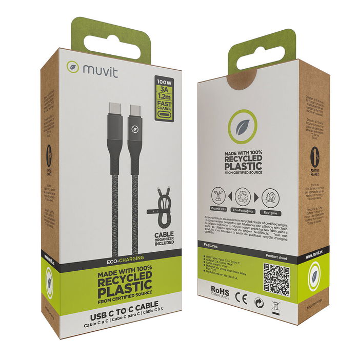 Câble USB-C vers USB-C Muvit for Change Noir 1,2 m Câble USB-C vers USB-C Muvit for Change Noir 1,2 m