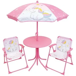 Fun House Salon de jardin Licorne pour enfants - Table 46 x 46 cm, 2 chaises pliantes, parasol 125 x 100 cm