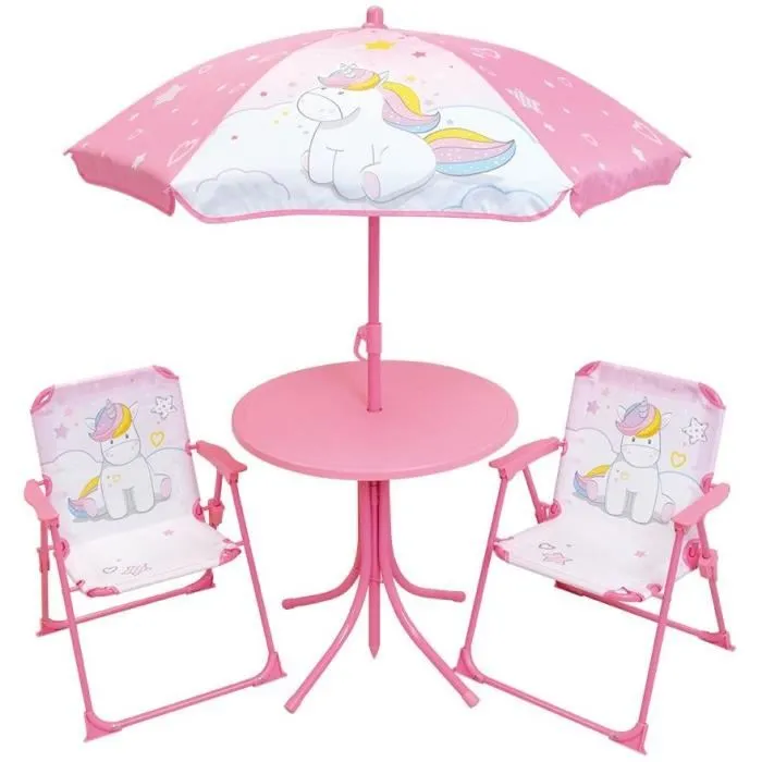 Fun House Salon de jardin Licorne pour enfants - Table 46 x 46 cm, 2 chaises pliantes, parasol 125 x 100 cm Fun House Salon de jardin Licorne pour enfants - Table 46 x 46 cm, 2 chaises pliantes, parasol 125 x 100 cm