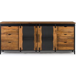 GINER Y COLOMER - Buffet industriel en bois de manguier et métal noir, 2 portes coulissantes, 6 tiroirs, 190x80x40 cm, couleur naturel et noir