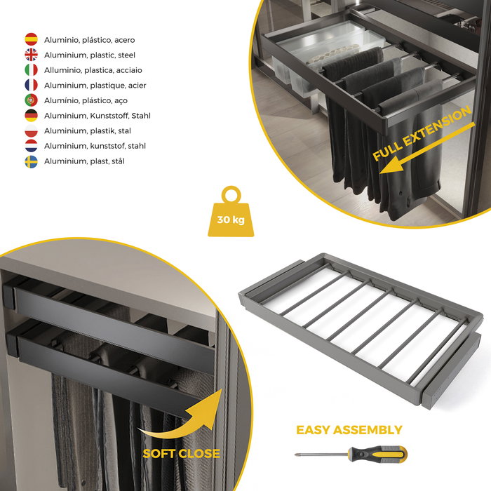 Emuca Kit de porte-pantalon à 7tringles et rack ajustable Quartz pour armoires, glissières extension totale et à fermeture douce, Module 90cm, Finition Titane Emuca Kit de porte-pantalon à 7tringles et rack ajustable Quartz pour armoires, glissières extension totale et à fermeture douce, Module 90cm, Finition Titane