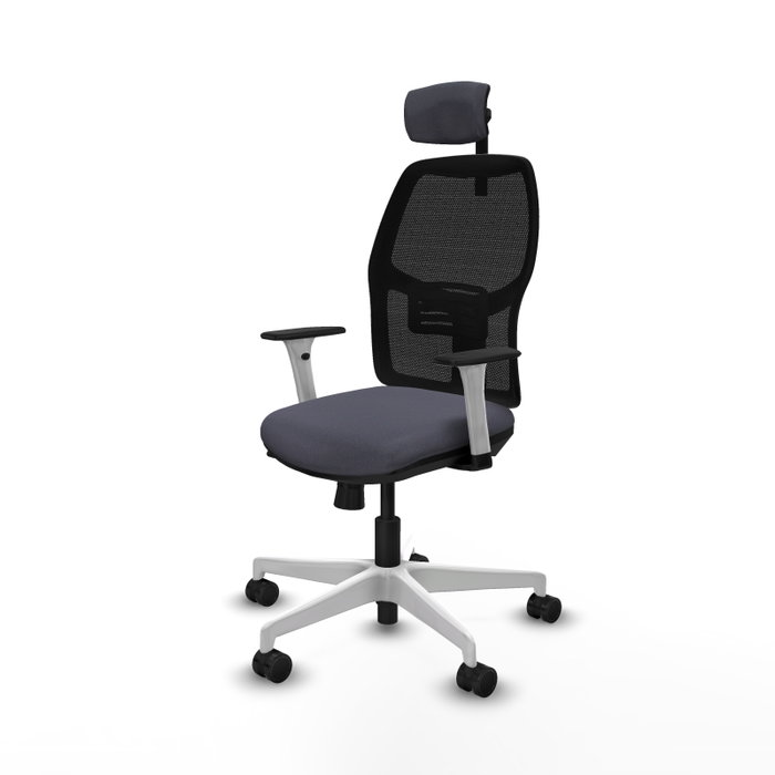 Chaise Alfera Synchrone/Traslack Maille/tissu Gris foncé Maille Noir Structure polyamide blanc Accoudoirs noirs et blancs Appui-tête 2D Roulettes 65mm nylon