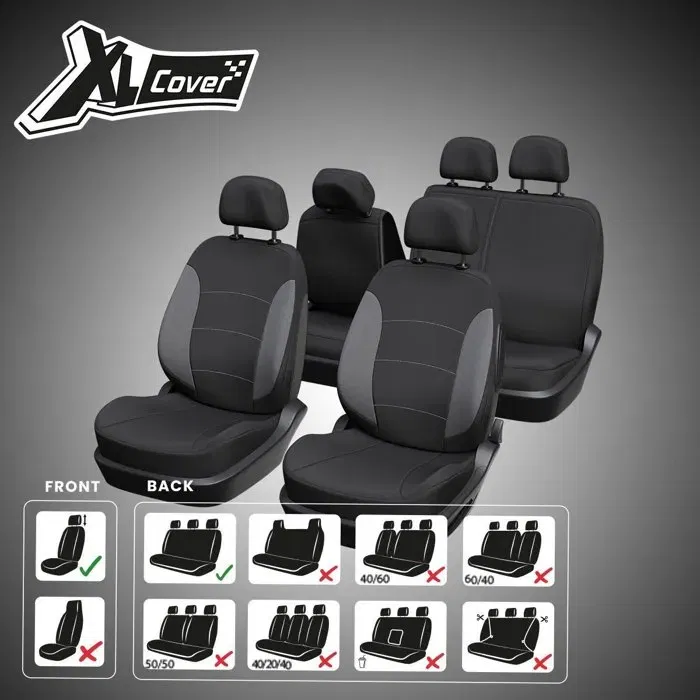 XLC XLCOVER - Jeu de housses de siège auto universelles pour sièges avant et banquette arrière fractionnable, compatible airbags (2+5+2 pièces)