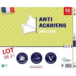 Dodo Lot de 2 oreillers anti-acariens 50 x 70 cm Blanc, 100% Polyester fibre creuse siliconée Volupt'Air, moelleux, lavable