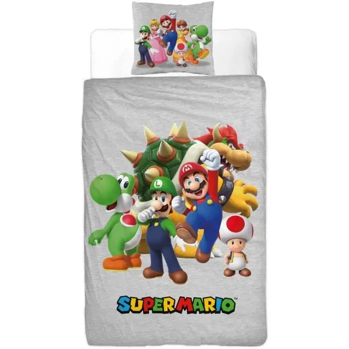 Mario Bros Parure de lit Super Mario microfibre réversible, housse de couette 140 x 200 cm + 1 taie d'oreiller 63 x 63 cm
