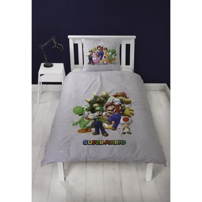Mario Bros Parure de lit Super Mario microfibre réversible, housse de couette 140 x 200 cm + 1 taie d'oreiller 63 x 63 cm