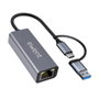 Ewent EW9819 Adaptateur Ethernet RJ45 USB-C USB-A Gigabit 10/100/1000 Mbps avec câble 15 cm - Aluminium gris