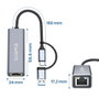 Ewent EW9819 Adaptateur Ethernet RJ45 USB-C USB-A Gigabit 10/100/1000 Mbps avec câble 15 cm - Aluminium gris