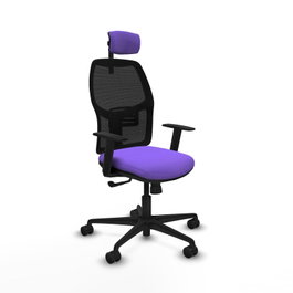 Chaise Alfera Synchro 4 positions tissu Violet Maille Noir Base en nylon noir Accoudoir 1D Appui-tête 2D Roulettes 65mm nylon