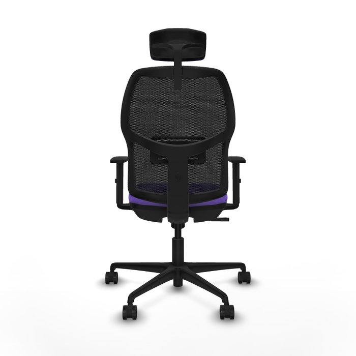 Chaise Alfera Synchro 4 positions tissu Violet Maille Noir Base en nylon noir Accoudoir 1D Appui-tête 2D Roulettes 65mm nylon