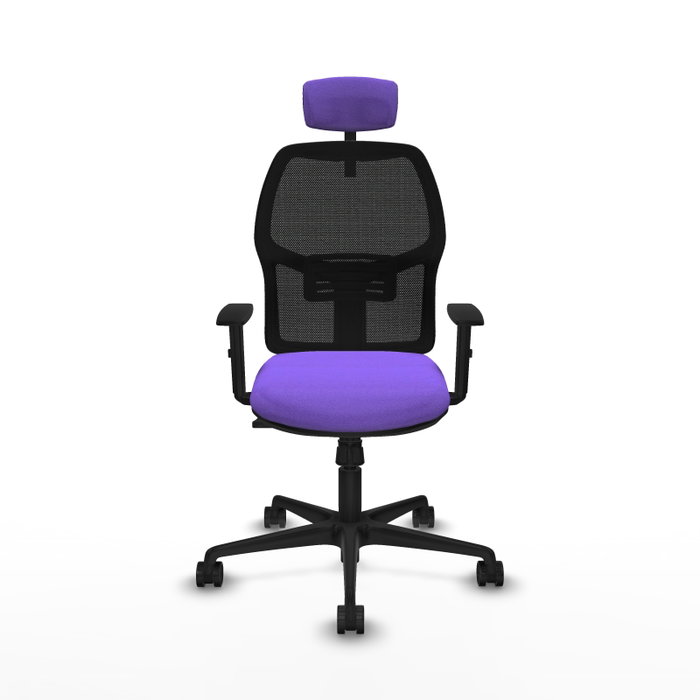 Chaise Alfera Synchro 4 positions tissu Violet Maille Noir Base en nylon noir Accoudoir 1D Appui-tête 2D Roulettes 65mm nylon