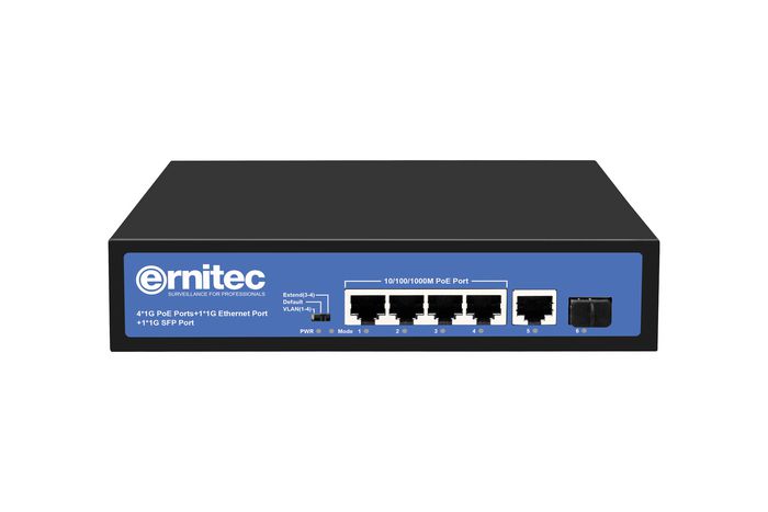 Ernitec - Commutateur réseau PoE non géré 6 ports Gigabit, 4x PoE+ (802.3at) 60W, 1x RJ45 1G, 1x SFP, VLAN, Extend Mode 250m Ernitec - Commutateur réseau PoE non géré 6 ports Gigabit, 4x PoE+ (802.3at) 60W, 1x RJ45 1G, 1x SFP, VLAN, Extend Mode 250m