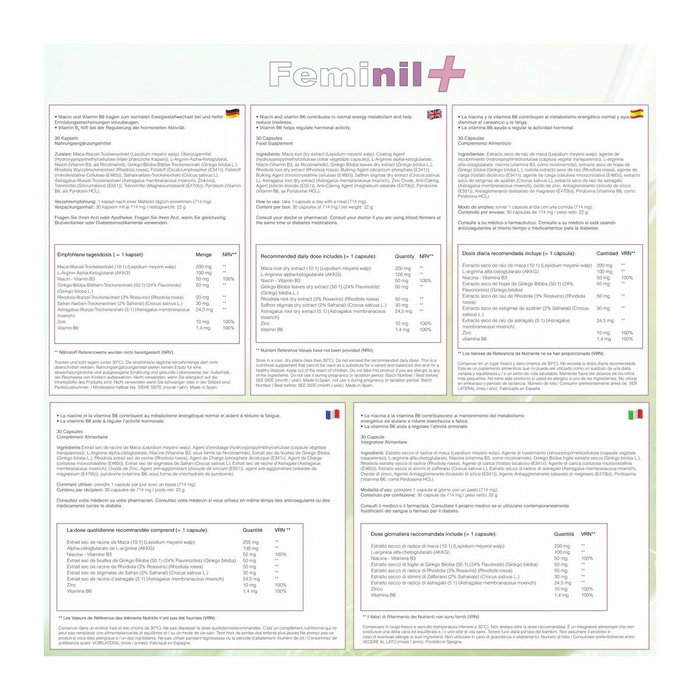Feminil Feminil+ avec Maca, L-Arginine, Safran, Rhodiola, Ginkgo Biloba et Zinc, 30 capsules