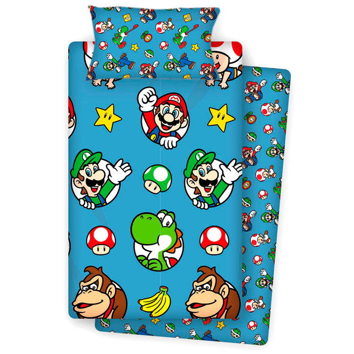 NINTENDO Kit de draps Super Mario Bros 90 cm avec housse de couette 160x260 cm, drap housse et taie d'oreiller en Coton et Polyester NINTENDO Kit de draps Super Mario Bros 90 cm avec housse de couette 160x260 cm, drap housse et taie d'oreiller en Coton et Polyester