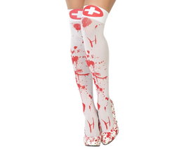 Collants blancs hauts d'infirmière avec taches de sang et motif de croix médicale