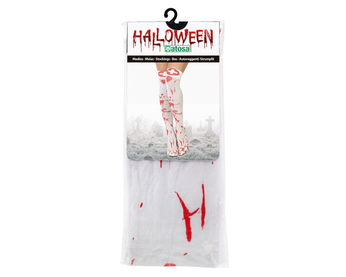 Bas de déguisement infirmière Halloween blanc avec taches de sang et motif croix médicale - Accessoire adulte