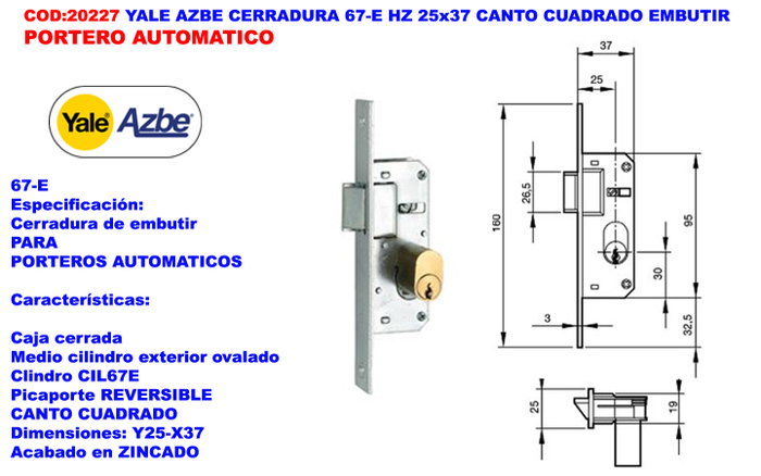 Yale AZBE 67-E HZ Serrure à encastrer automatique 25x37 Yale AZBE 67-E HZ Serrure à encastrer automatique 25x37