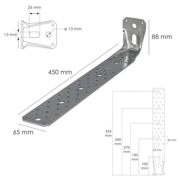 WOLFPACK LINEA PROFESIONAL Support pour bois avec angle renforcé 65x88x450 mm. de type acier galvanisé