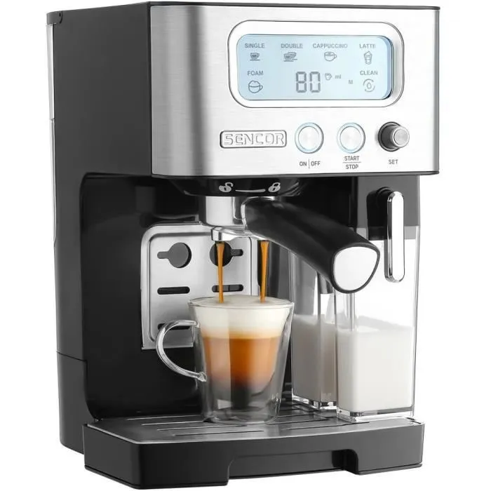 Sencor SES 4090SS Machine à Expresso Semi-Automatique 15 Bars avec Écran LCD, Thermoblock et Fonction Auto-Nettoyage - Réservoir 1,4 L