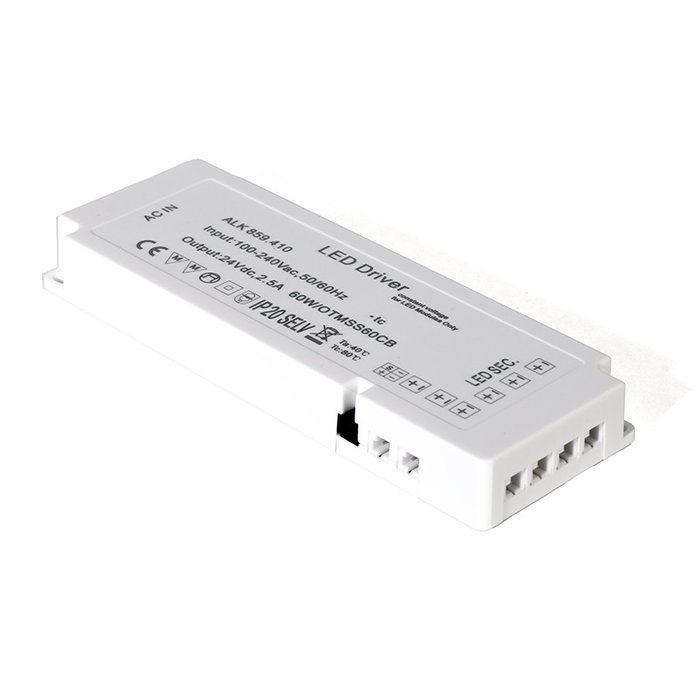 ALK Transformateur 6 voies 60W 24V DC IP20, alimentation pour LED et systèmes basse tension, puissance max 48W par voie, dimensions 168x60x22 mm