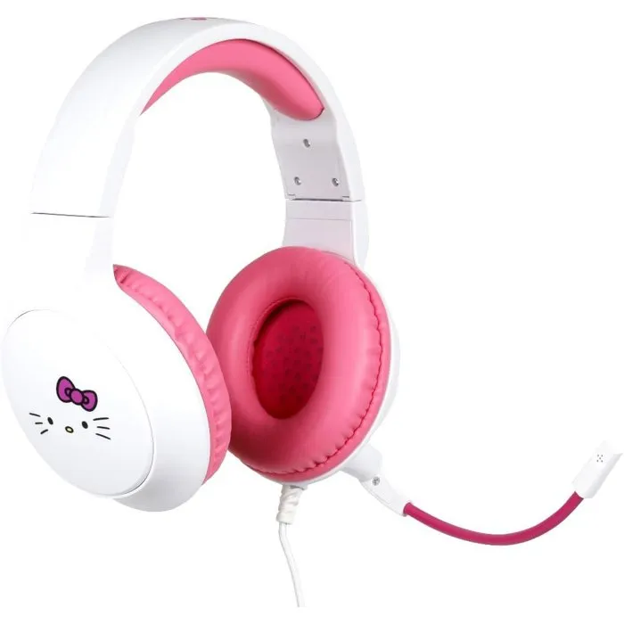 Konix Casque Gaming Circum-aural Filaire avec Micro - Thème Hello Kitty - Compatible PC, PS5, Switch 2, Xbox - Blanc et Rose - Confort Soft Touch