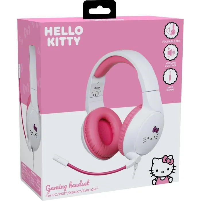 Konix Casque Gaming Circum-aural Filaire avec Micro - Thème Hello Kitty - Compatible PC, PS5, Switch 2, Xbox - Blanc et Rose - Confort Soft Touch