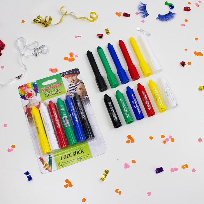 Alpino Set Fiesta Face Stick 6 bâtons de maquillage 5g - blanc, jaune, rouge, noir, vert, bleu et noir - système rétractable tournant - testé dermatologiquement