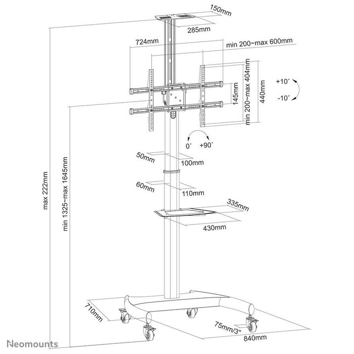 Neomounts PLASMA-M1900E Support Mobile au Sol pour Écrans/TV jusqu'à 70" - Rotation 90°, Réglable en Hauteur, Gestion des Câbles - Noir