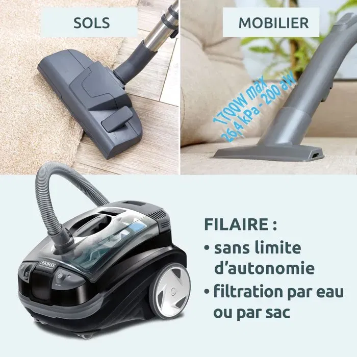 Thomas Aquatic Onyx Aspirateur Détacheur 2 en 1, Filtration par Eau, 1700W Max, 83 dB(A), Rayon d'Action 10m, Câble 6m