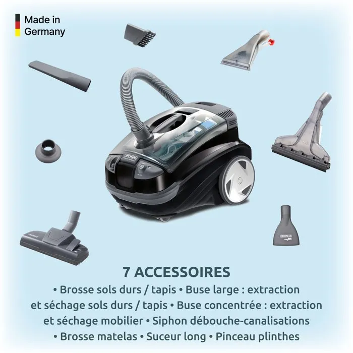 Thomas Aquatic Onyx Aspirateur Détacheur 2 en 1, Filtration par Eau, 1700W Max, 83 dB(A), Rayon d'Action 10m, Câble 6m