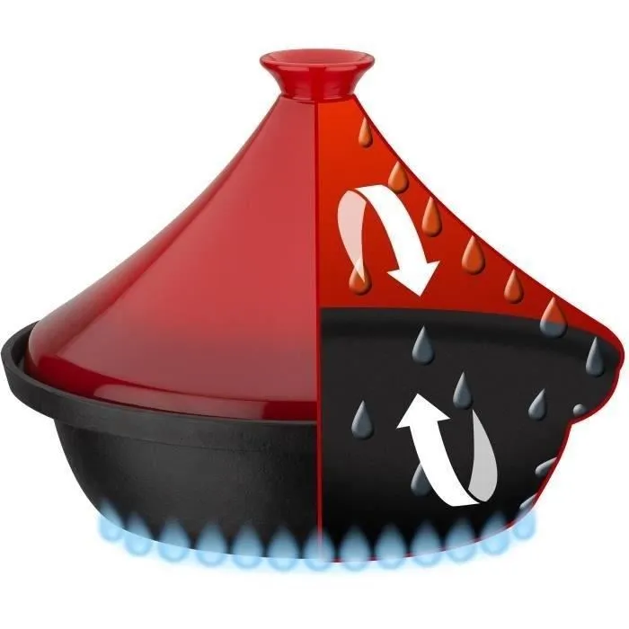 GSW Tajine en fonte massive 30 cm, couvercle céramique picots, compatible induction, résistant au four, couleur rouge