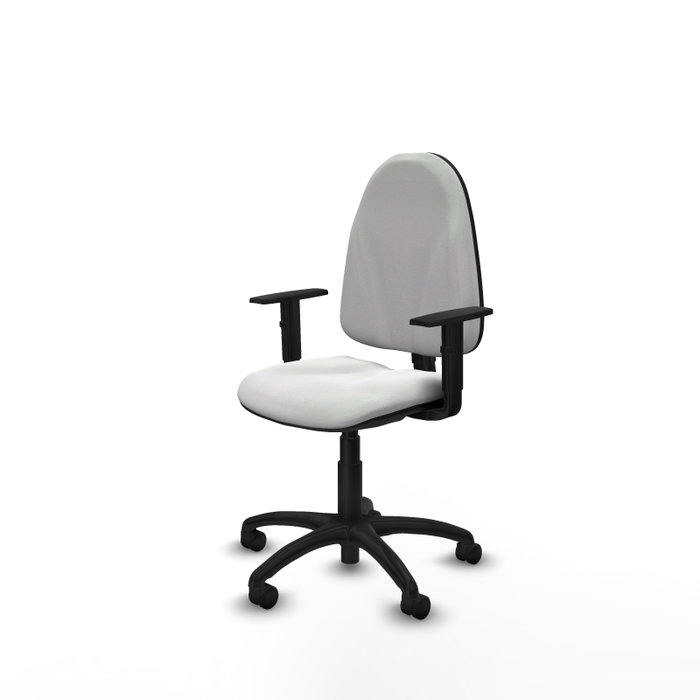 Chaise de bureau Algarra avec mécanisme de contact permanent de base, rembourrée de tissu blanc. Équipée d'une base en polyamide noir, d'accoudoirs 1D et de roulettes en nylon de 50 mm.