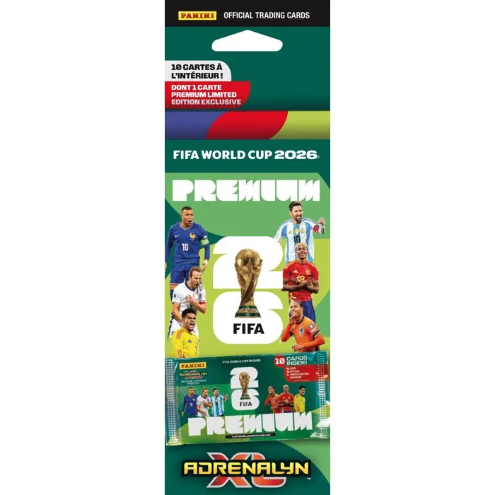 Panini - Pochette Premium FIFA World Cup 26 Adrenalyn XL TCG - 5 cartes de base, 4 cartes spéciales + 1 Édition Limitée aléatoire