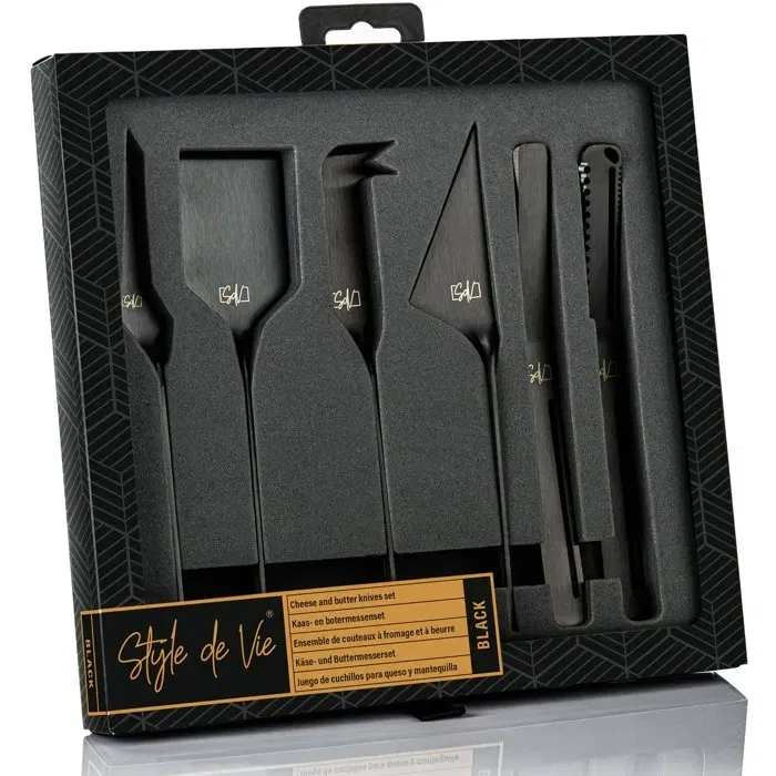Style De Vie Coffret 6 pièces - Couteaux à fromage et à beurre en acier inoxydable - Noir - Ensemble luxueux pour plateau de service