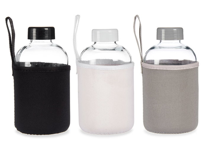 Vivalto Lot de 3 bouteilles en verre avec housse néoprène 600 ml - Couleurs assorties foncées - 9x17x9 cm (Set de 24)