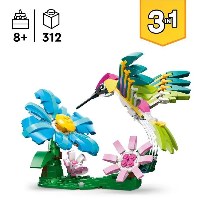 Lego Creator 3-en-1 31384 - Jeu de Construction Animaux Sauvages : Colibri Coloré, transformable en Papillon ou Poisson Tropical, à partir de 8 ans