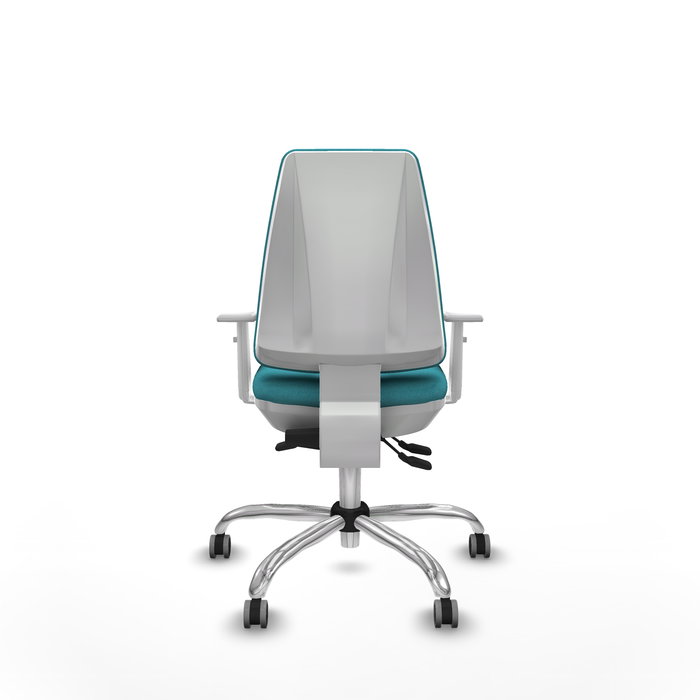 Chaise Elche Asynchrone Tissu Turquoise Structure chromée Accoudoirs blancs Sans appui-tête Roulettes 65mm pour moquette