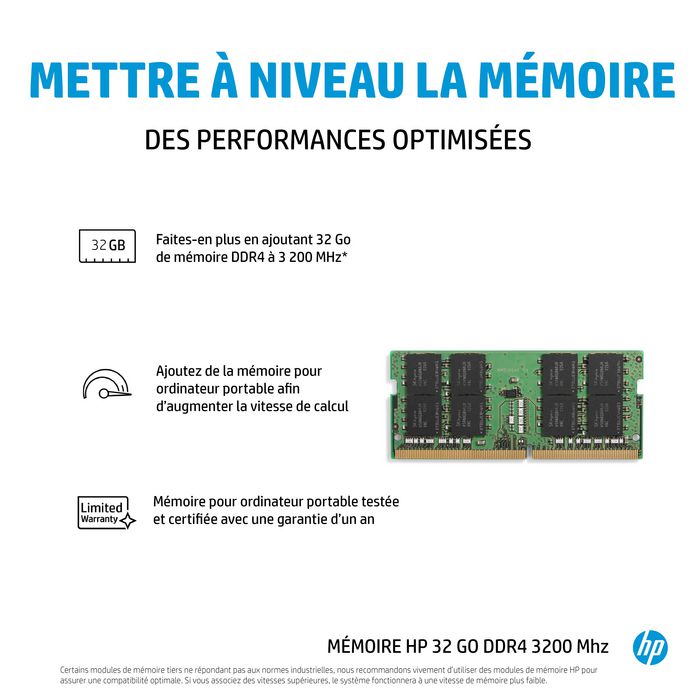 HP 32 Go 3200MHz DDR4 Mémoire RAM pour Ordinateur Portable HP 32 Go 3200MHz DDR4 Mémoire RAM pour Ordinateur Portable