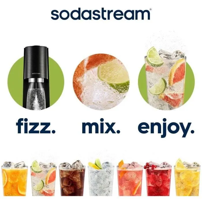 Sodastream Machine à soda et eau pétillante Terra noire avec 2 bouteilles et 1 recharge de gaz 60L - Design compact et système Quick Connect