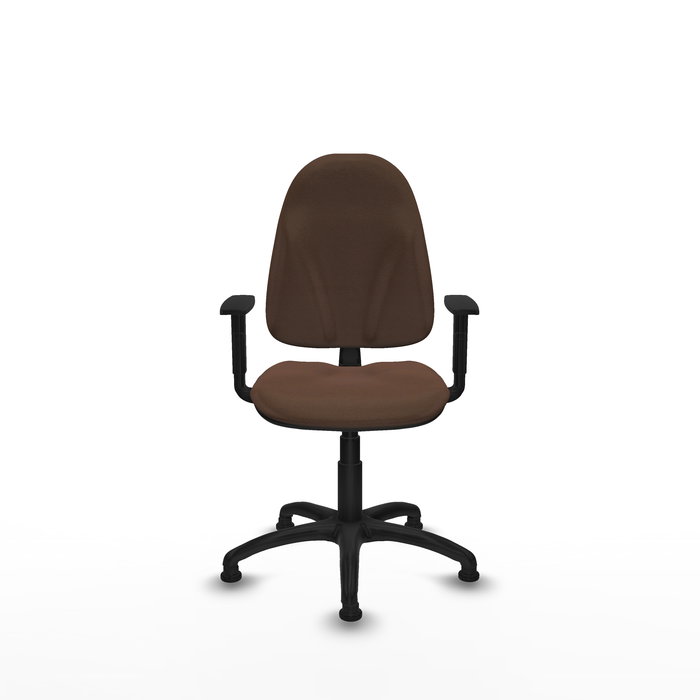 Chaise de bureau Algarra avec mécanisme de contact permanent de base, recouverte de tissu marron foncé. Équipée d'une base en polyamide noir, d'accoudoirs 1D et de butées