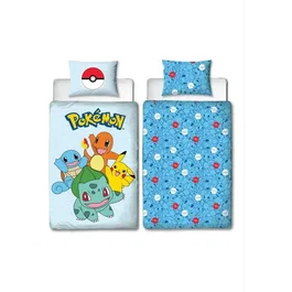 Pokemon Parure de lit réversible Pikachu et Starter 1G III - Microfibre - 1 housse de couette 140x200 cm + 1 taie 63x63 cm