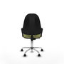 Chaise de bureau Algarra avec mécanisme de contact permanent de base, recouverte de tissu vert olive. Équipée d'une base chromée, d'accoudoirs fixes et de roulettes pour parquet.
