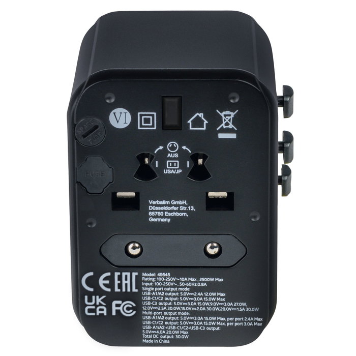Verbatim UTA-03 Adaptateur de Voyage Universel USB-C 30W Verbatim UTA-03 Adaptateur de Voyage Universel USB-C 30W
