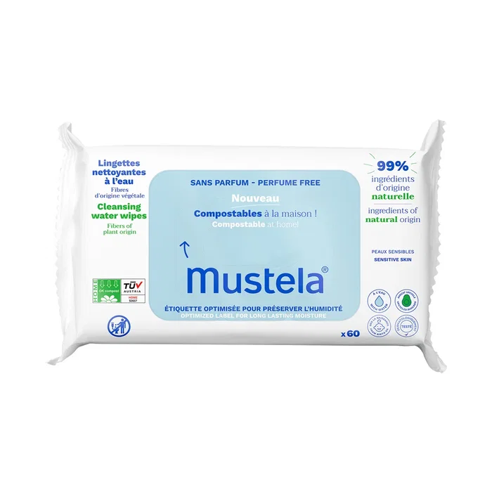 Mustela Lingettes à l'eau sans parfum compostables à domicile 60 unités