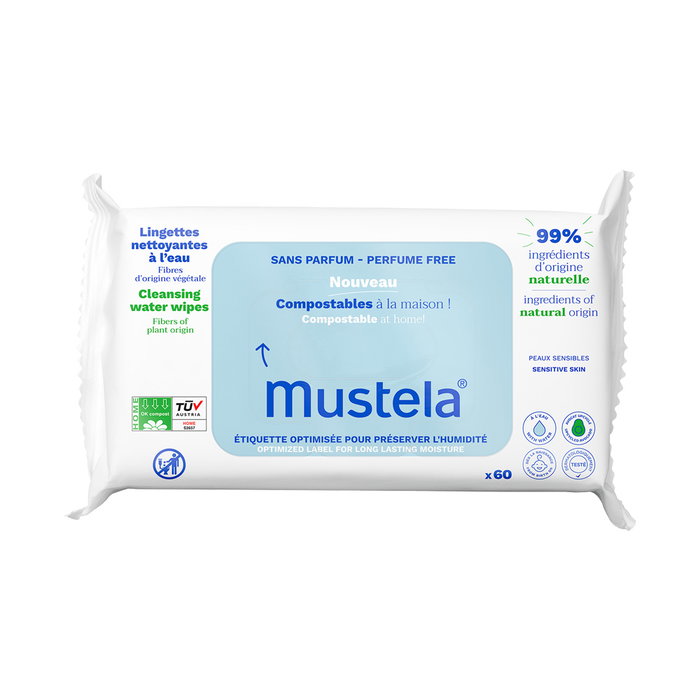 Mustela Lingettes à l'eau sans parfum compostables à domicile 60 unités