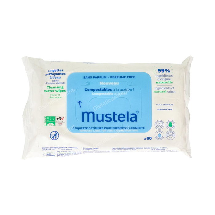 Mustela Lingettes à l'eau sans parfum compostables à domicile 60 unités